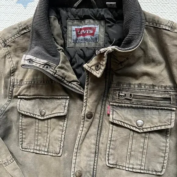 Levi’s Utility Field Jacket Men’s Medium Olive Green Quilted Lining Workwear Zip - Picture 4 of 7